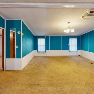 Empty teal room with white wainscoting, two narrow windows, and tan carpet.