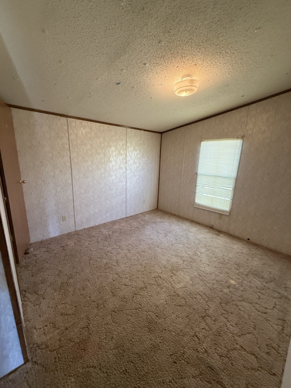 Empty bedroom with beige carpet, paneled walls, and a window with blinds.