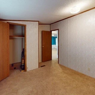 Hallway with beige carpet, an open closet, and a doorway to a room with a blue wall.