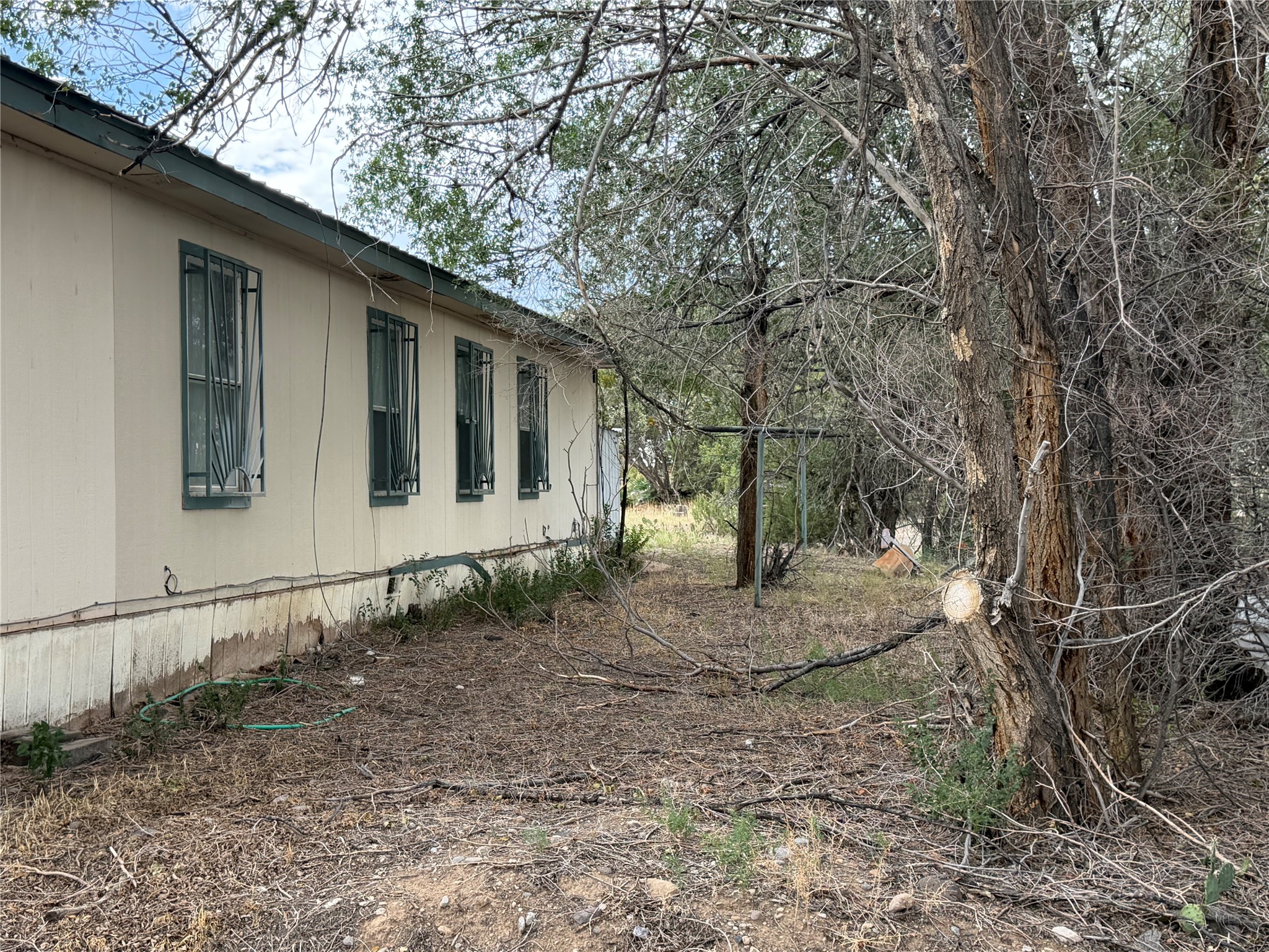 Cream-colored home with barred windows beside a wooded, branch-strewn yard.