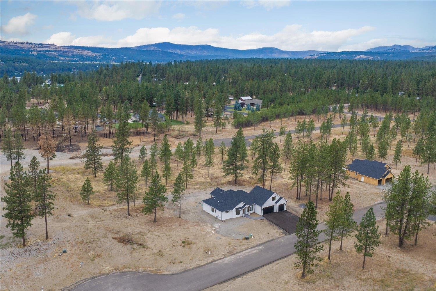 Aerial view of a white home among pine trees, with mountains in the distance.