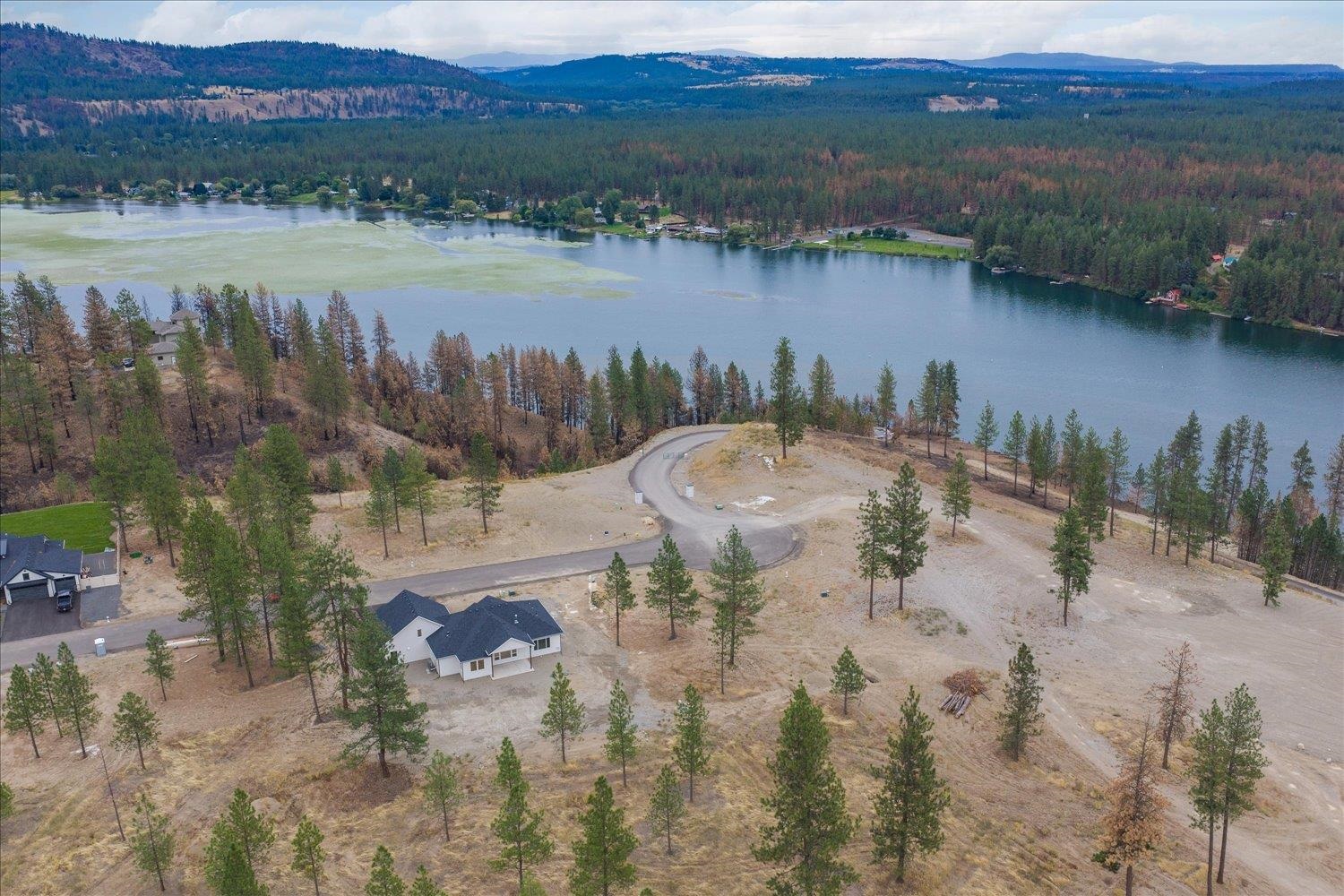 Aerial view of a lakeside residential lot with a curving road, scattered pines, and forested hills across the water.
