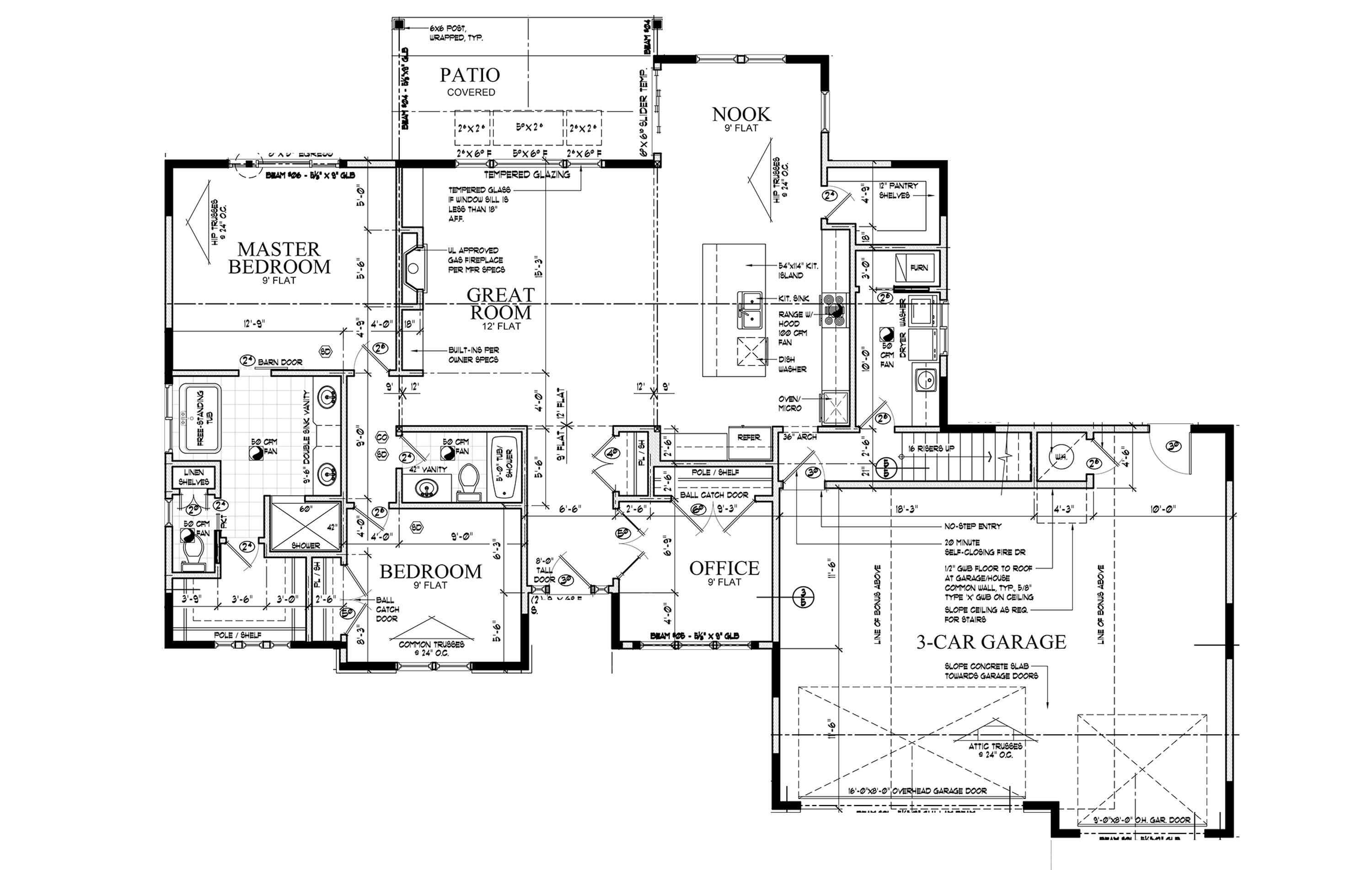 Floor plan showing a covered patio, great room, three bedrooms, office, kitchen, and three-car garage.