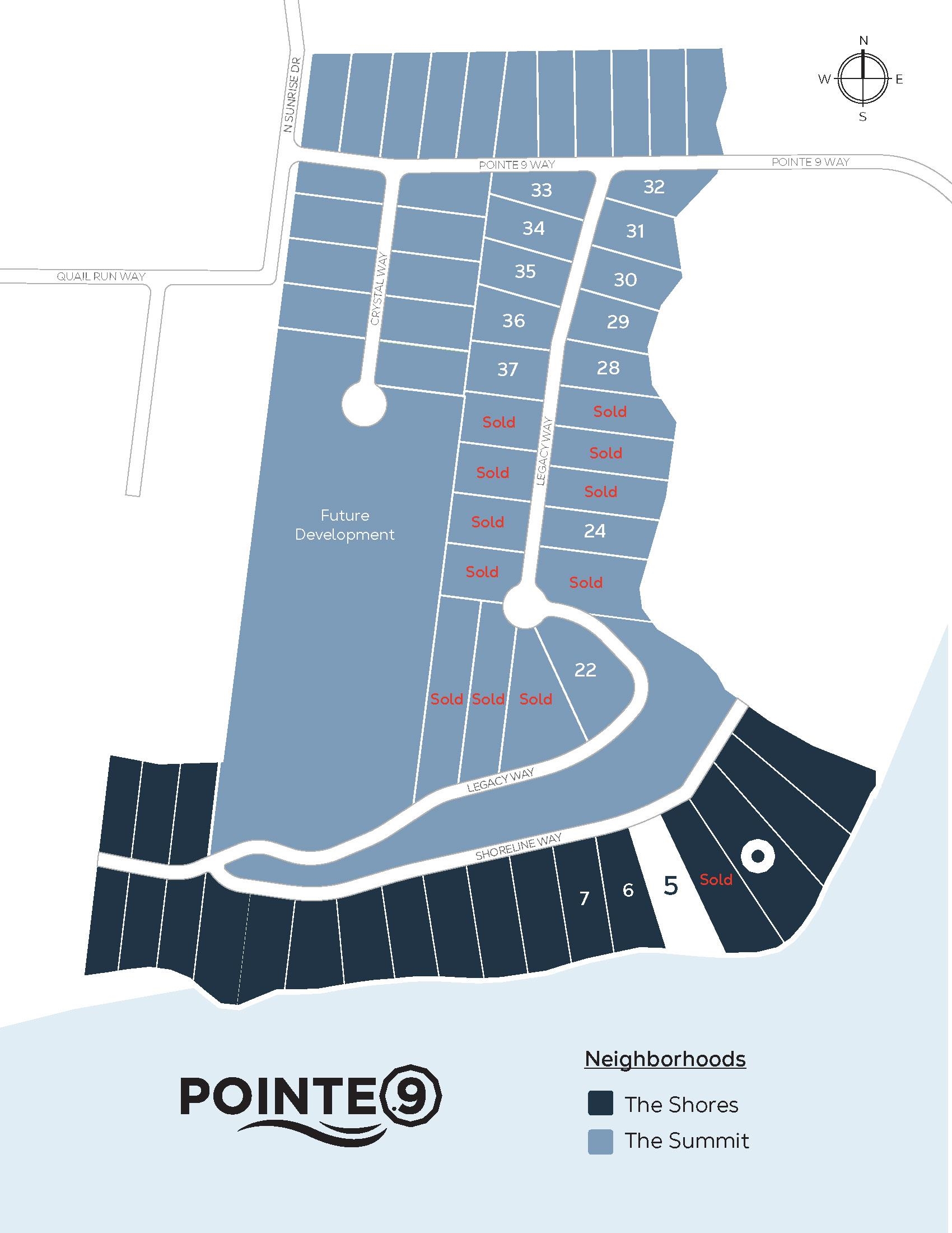 Pointe 9 subdivision map highlighting Lot 5 on Shoreline Way beside the water.