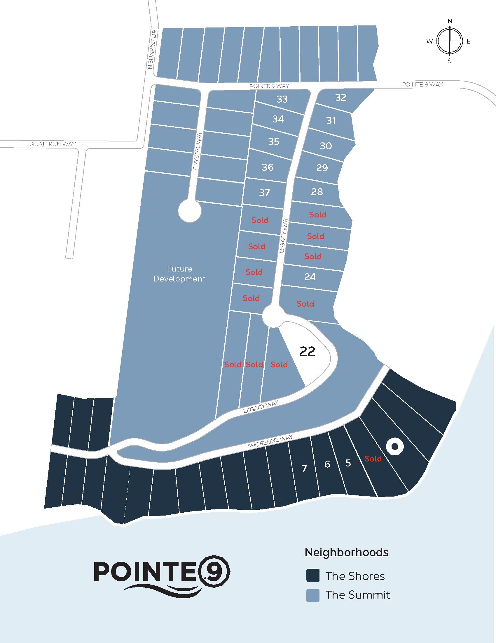 Pointe 9 neighborhood map with Lot 22 marked beside the curve of Legacy Way.