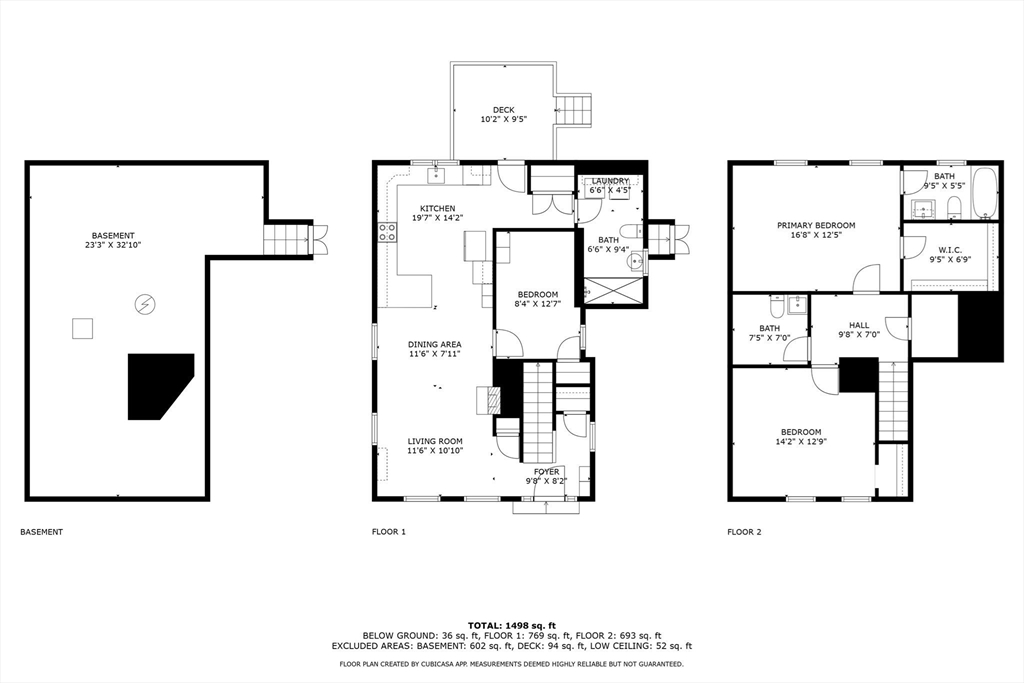 Three-level floor plan showing a basement, first-floor living spaces, and second-floor bedrooms and bathrooms.