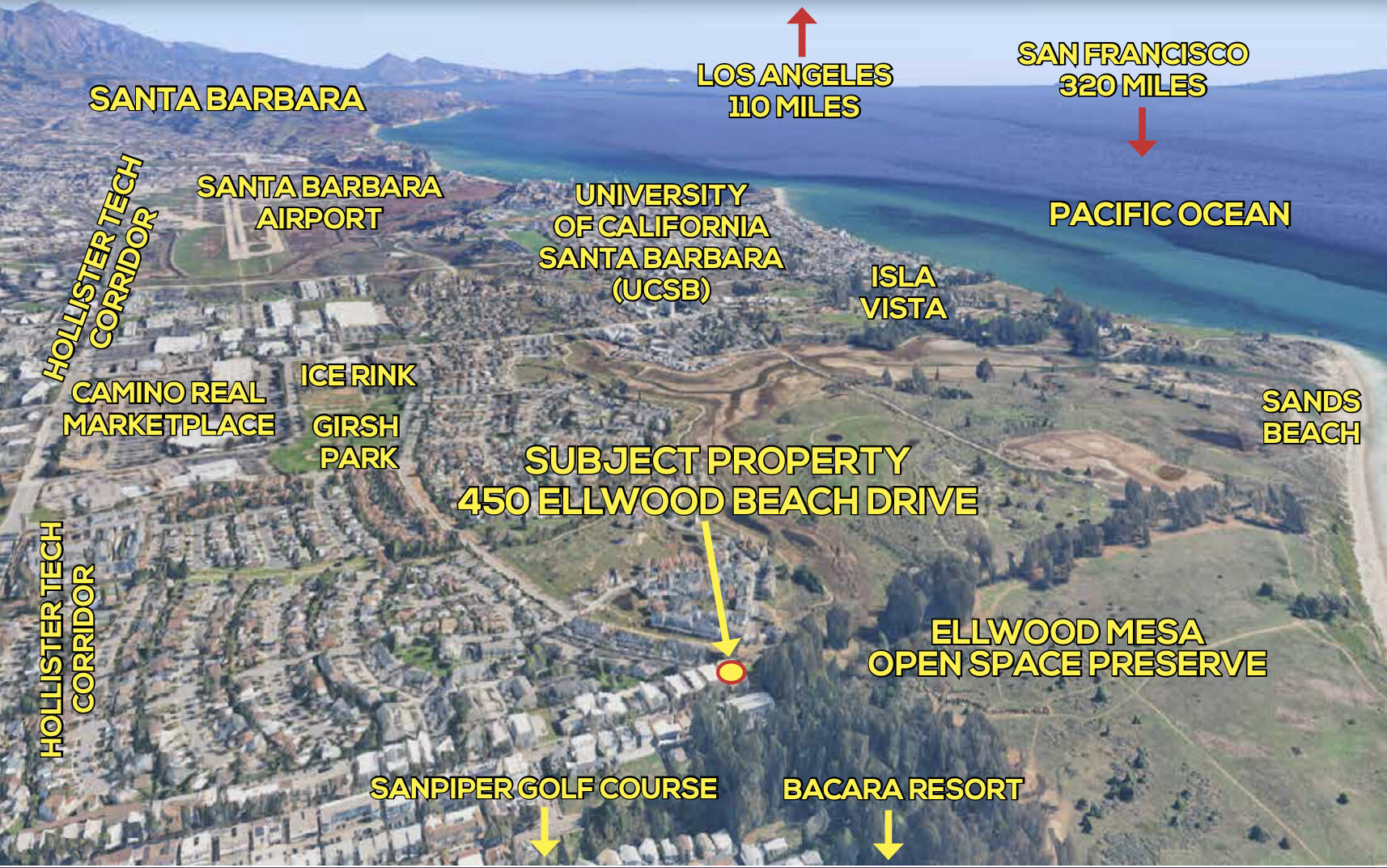 Annotated aerial map locating 450 Ellwood Beach Drive near the coast and Ellwood Mesa Open Space Preserve.