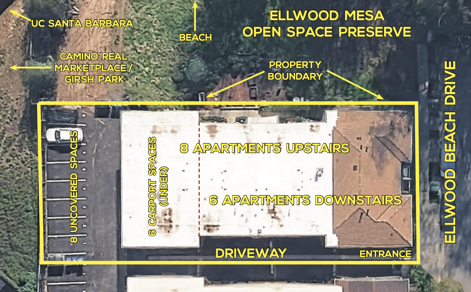 Aerial property diagram marking the apartment building boundary, parking spaces, driveway, entrance, and nearby landmarks.