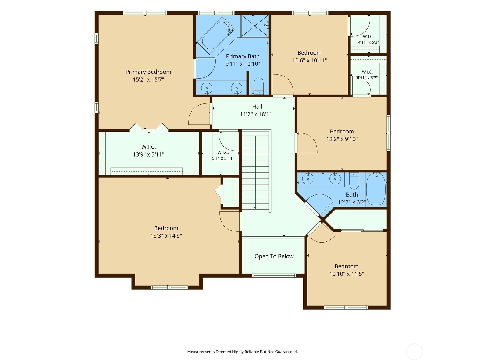 Second-floor floor plan with five bedrooms, two bathrooms, walk-in closets, stairs, and an open-to-below area.