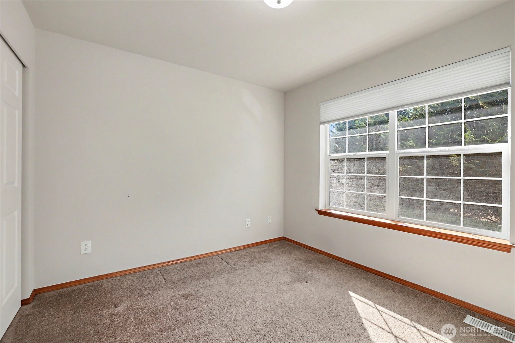 Empty carpeted room with wood trim and a large sunlit window.