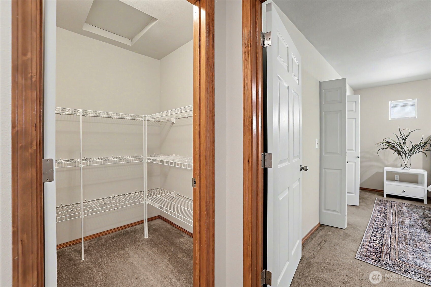 Walk-in closet with white wire shelving beside a carpeted bedroom.