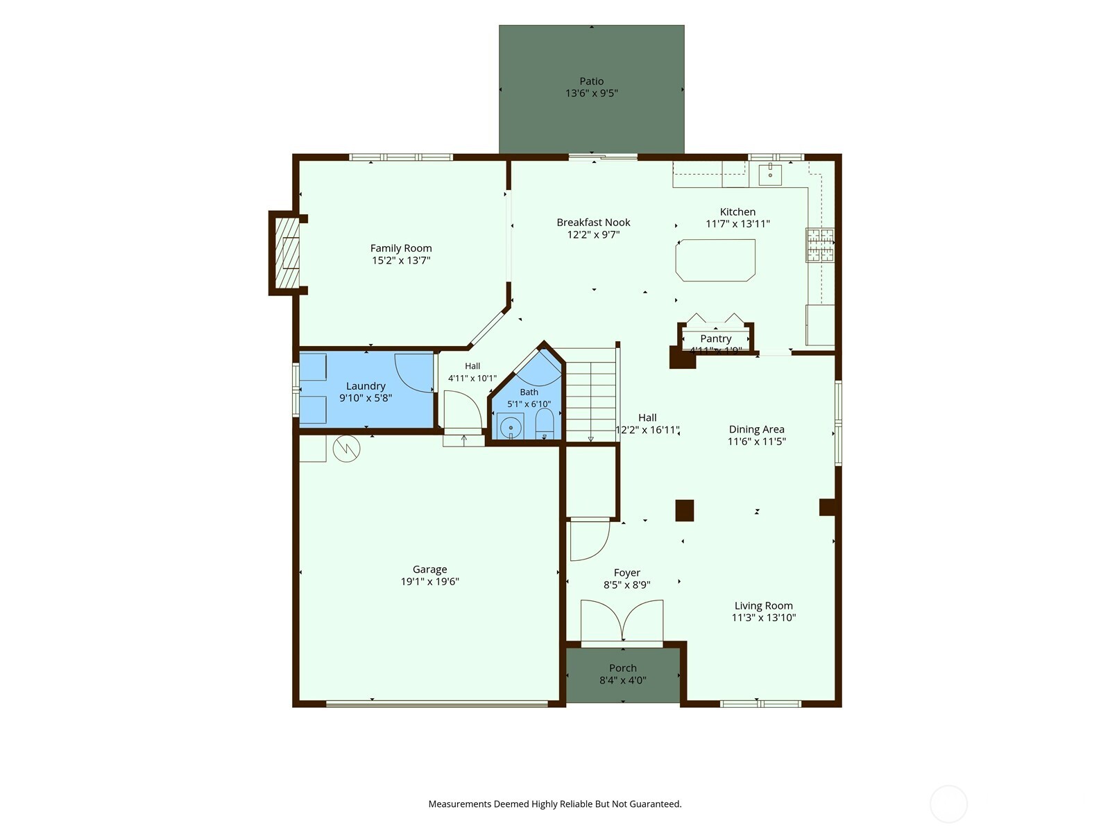 First-floor home plan with labeled rooms, dimensions, a garage, patio, and front porch.