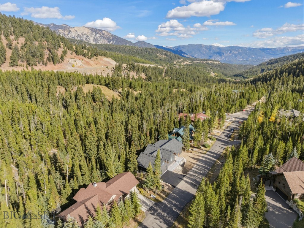 Aerial view of mountain homes among evergreen forest, with distant ranges and a neighborhood road.