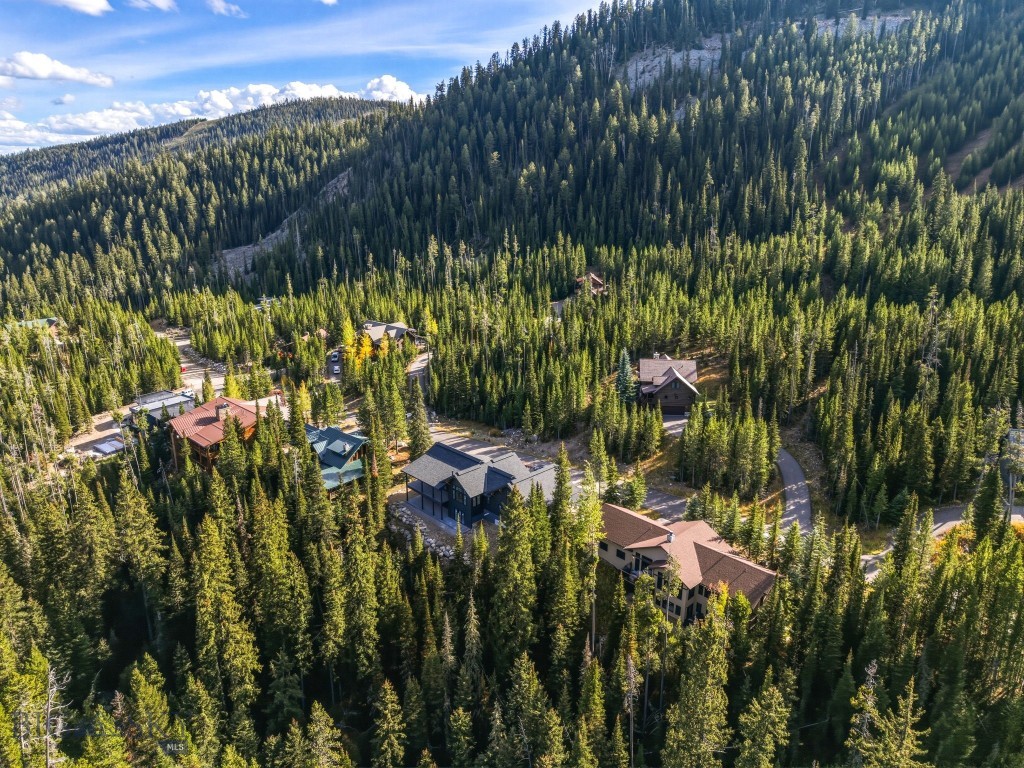 Aerial view of a home among evergreen forest, scattered houses, and mountain ridges.
