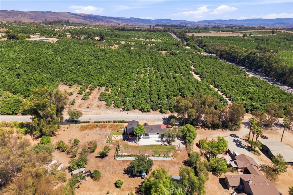 Aerial view of a rural home beside extensive orchards, with mountains in the distance.