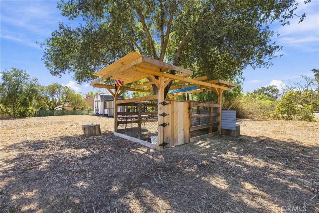 Covered wooden animal enclosure beneath a large oak tree in a dry, open yard.