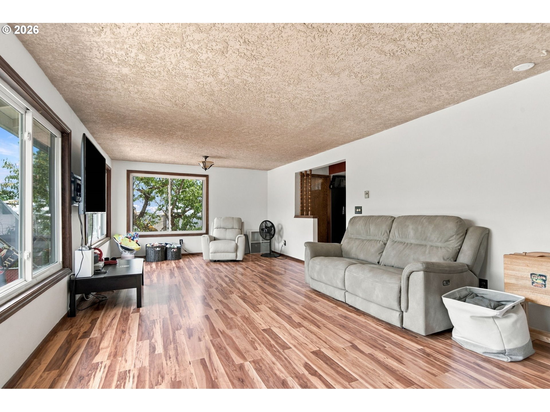Living room with wood-look floors, large windows, and a gray reclining sofa.