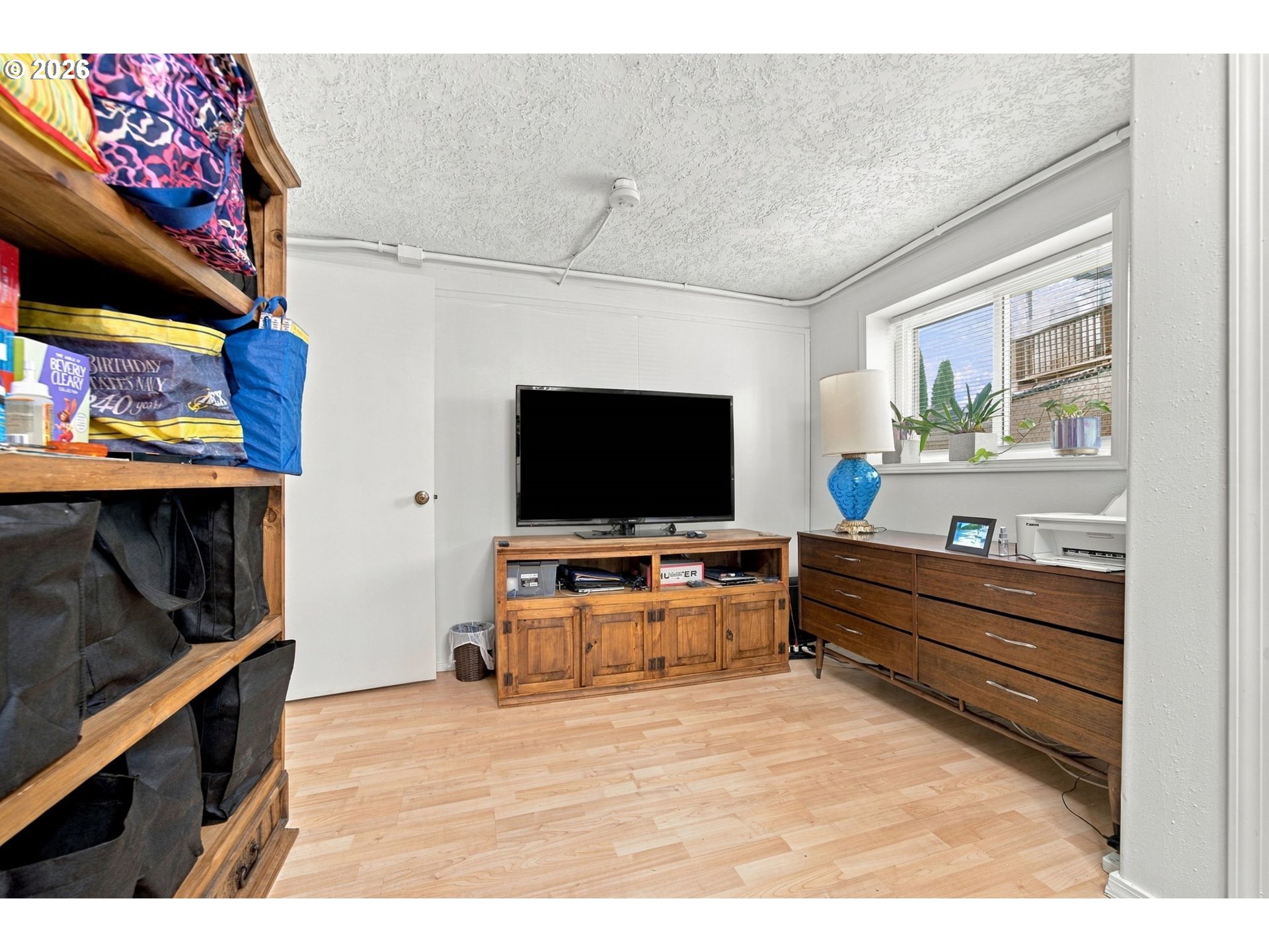 Furnished room with a television, wooden cabinets, and a window lined with potted plants.