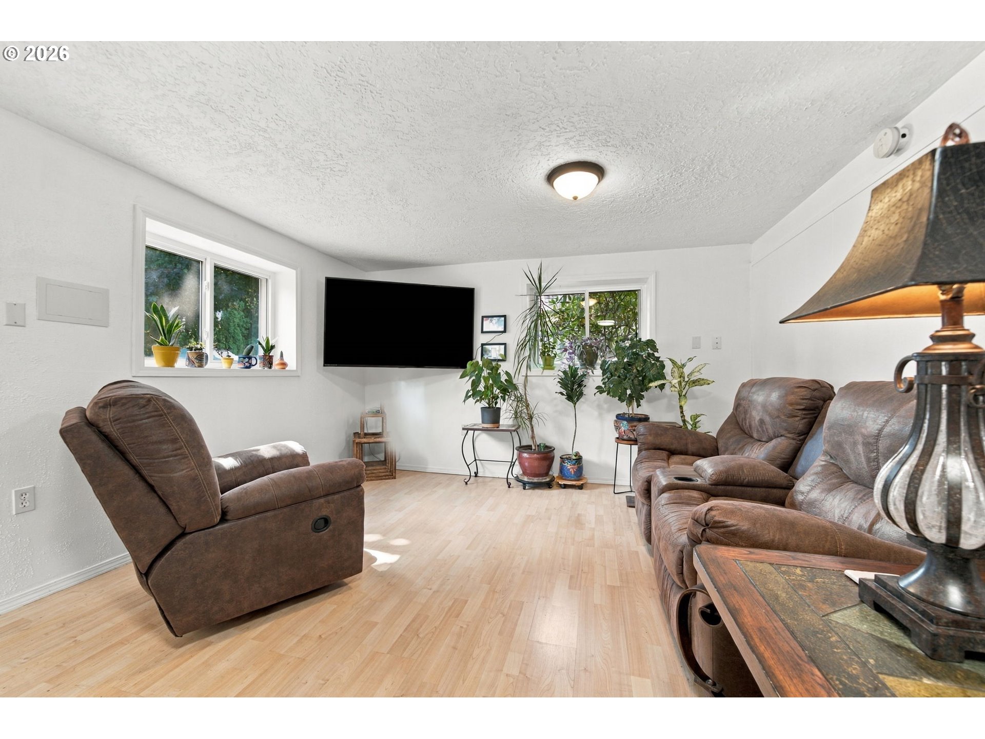 Living room with brown leather recliners, light wood flooring, and potted plants by the windows.