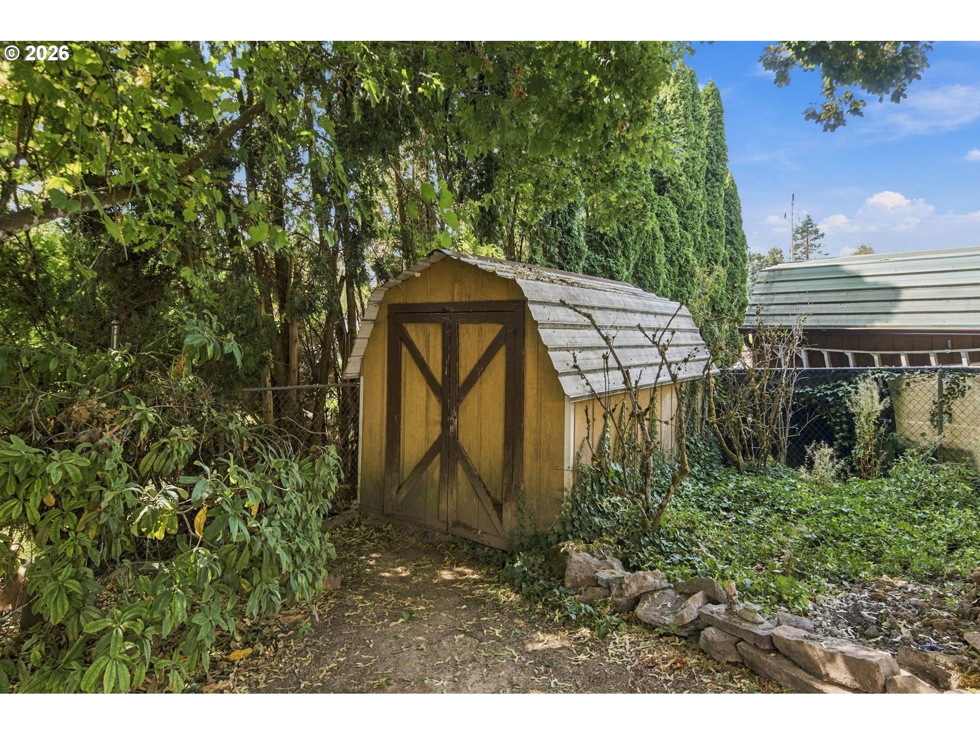 Wooden garden shed with cross-braced doors among dense greenery and stone edging.