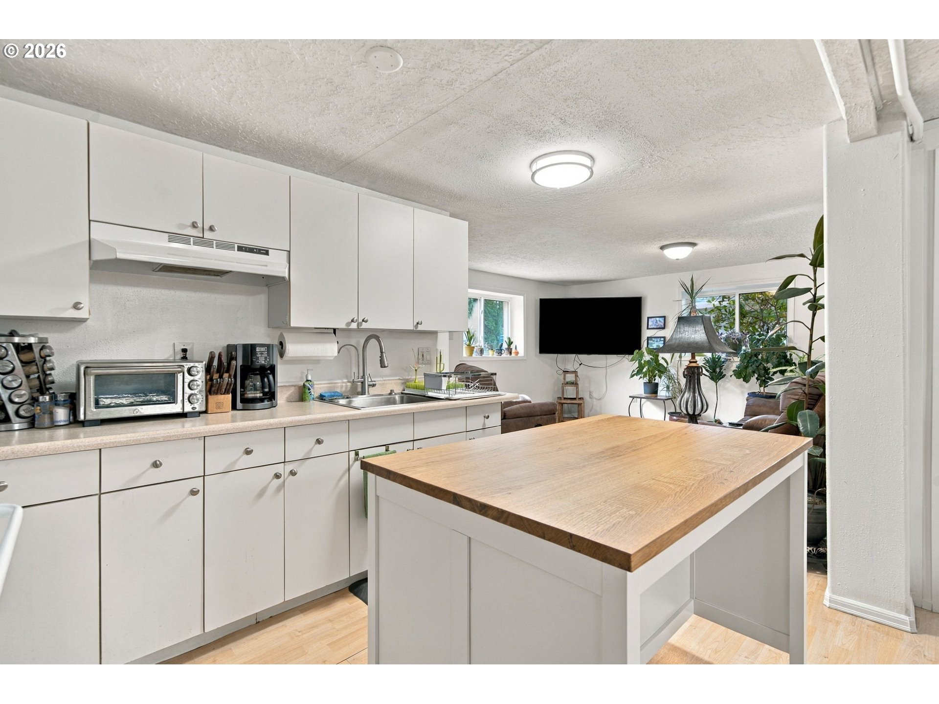 Kitchen with white cabinets and a large wood-topped island opening onto a plant-filled living area.