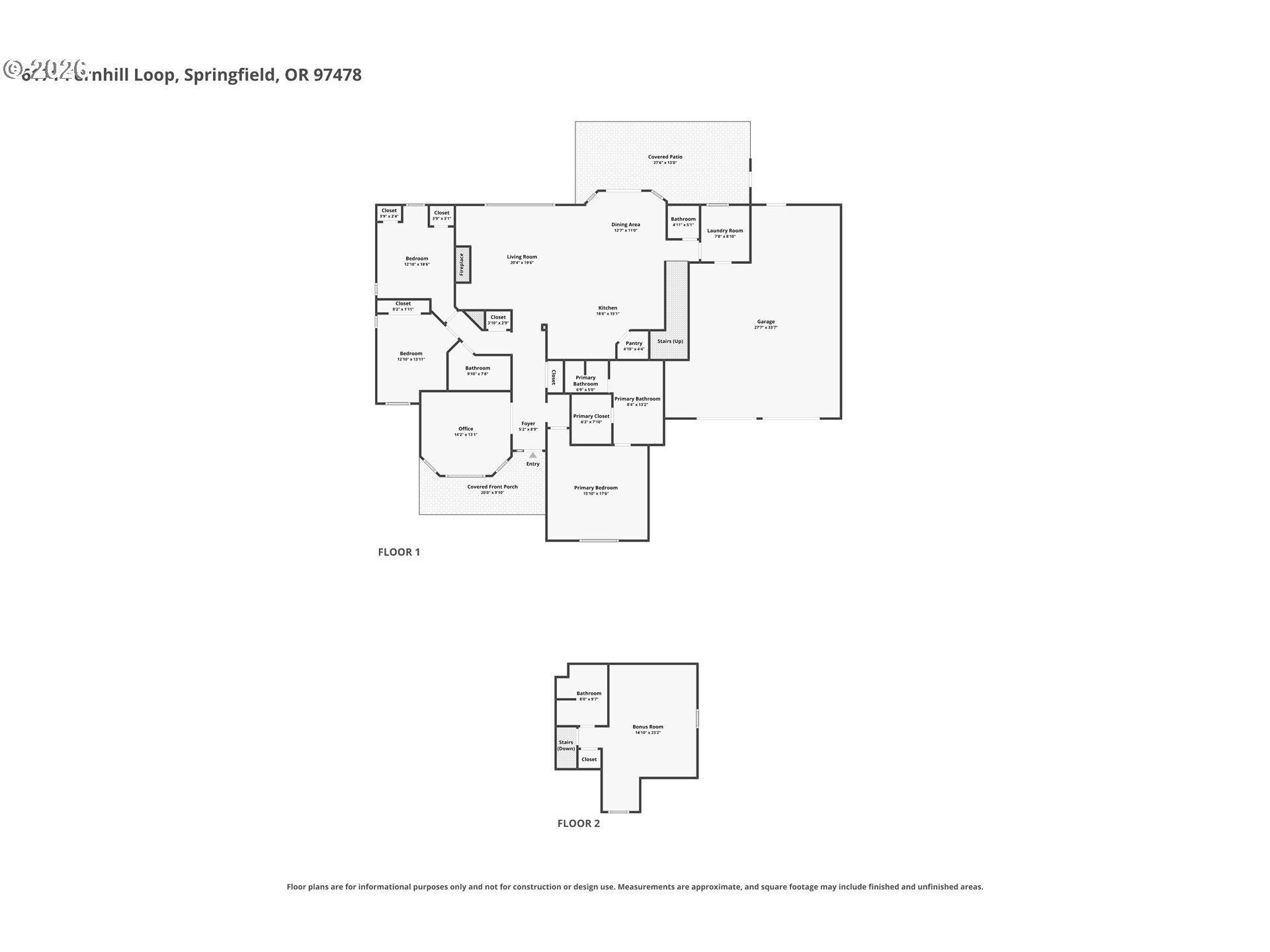 Two-level floor plan with a first-floor garage, office, three bedrooms, and second-floor bonus room.