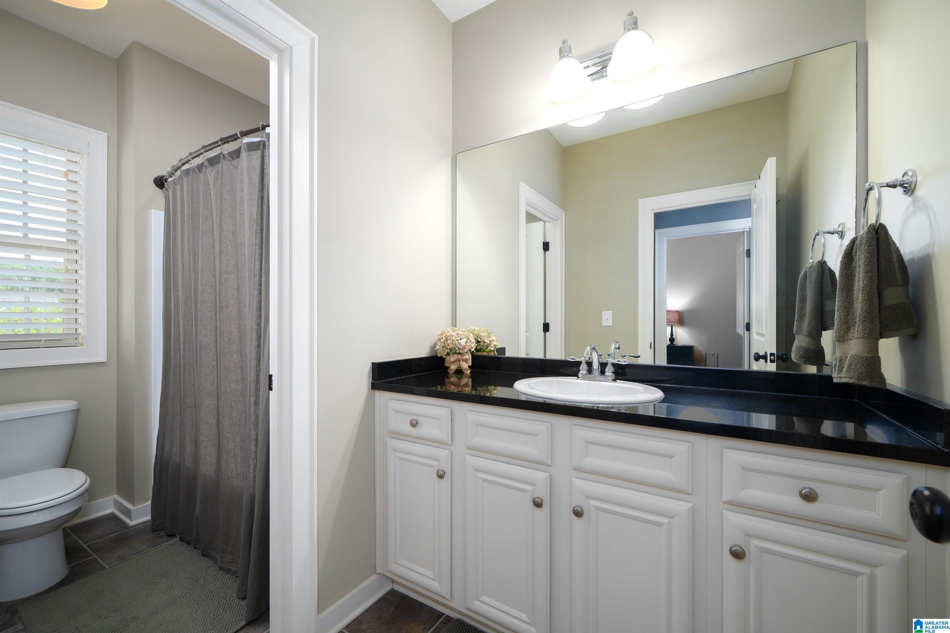 Bathroom with a white vanity, black countertop, large mirror, and gray shower curtain.