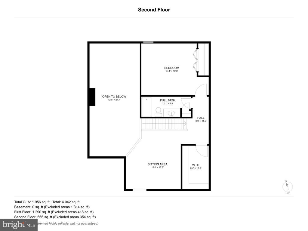 Second-floor plan with a bedroom, full bath, sitting area, walk-in closet, and open-to-below space.