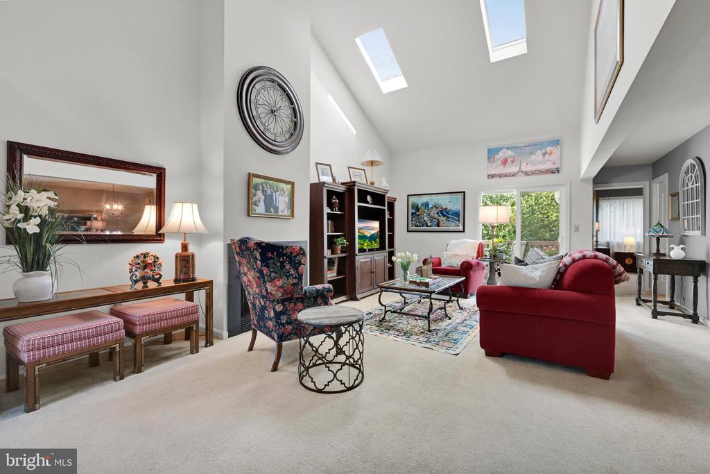 Vaulted living room with skylights, large windows, colorful seating, and built-in display shelves.