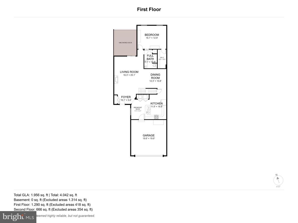First-floor plan showing the room layout, dimensions, uncovered deck, and garage.