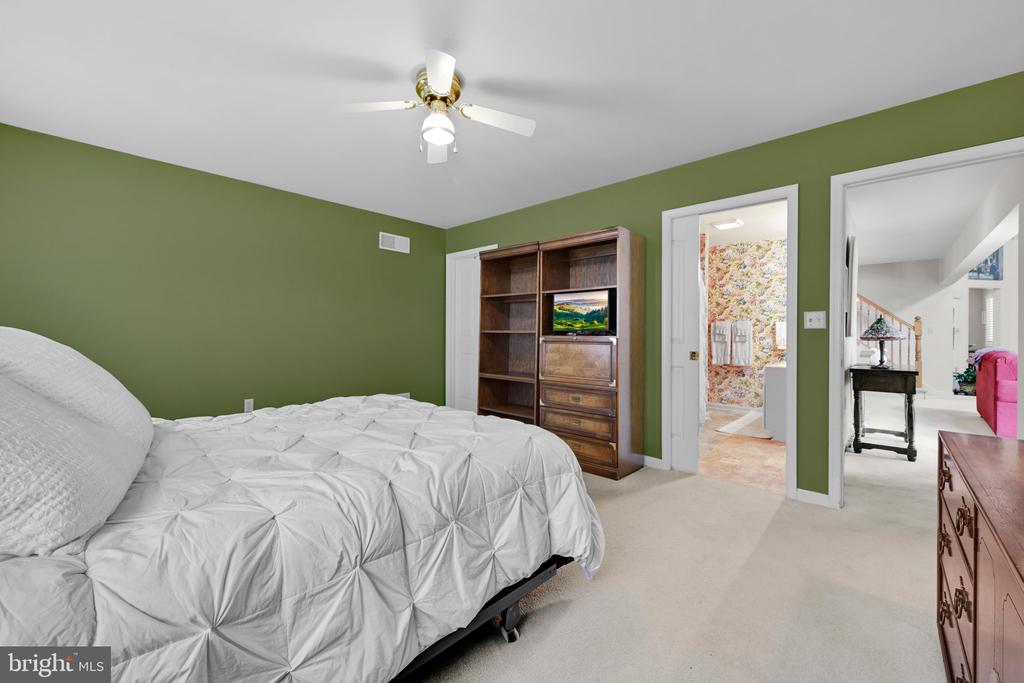 Bedroom with olive-green walls, a white bedspread, ceiling fan, and wooden shelving unit.