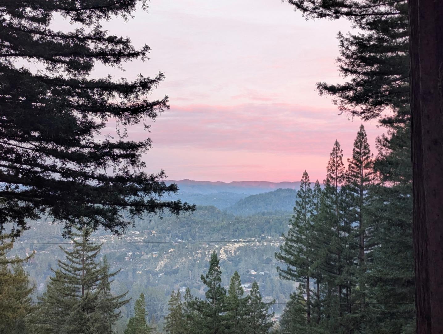 Mountain valley at dusk, framed by evergreens beneath a pink sunset sky.