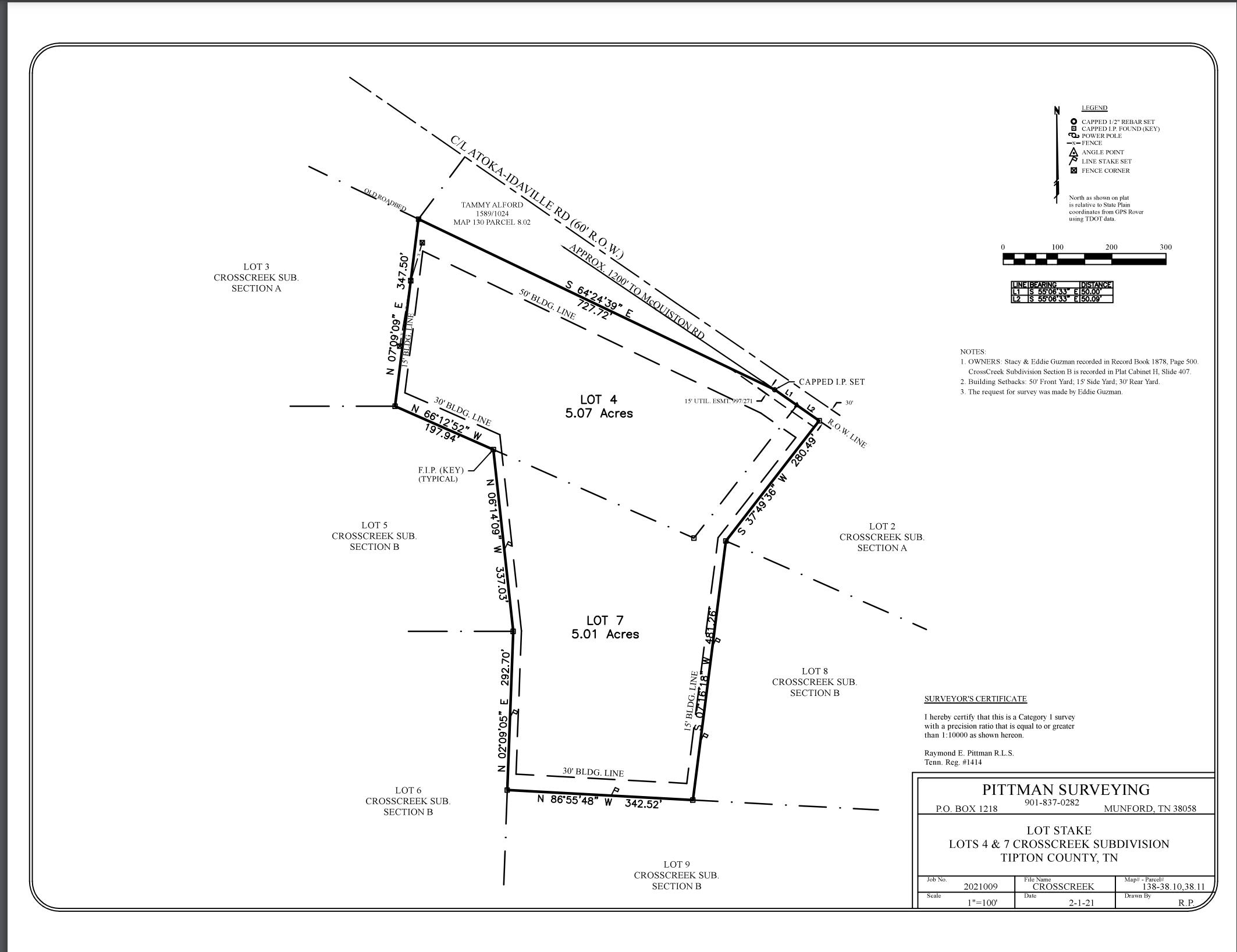 Survey plat outlining Lots 4 and 7 of Crosscreek Subdivision, marked 5.07 and 5.01 acres.