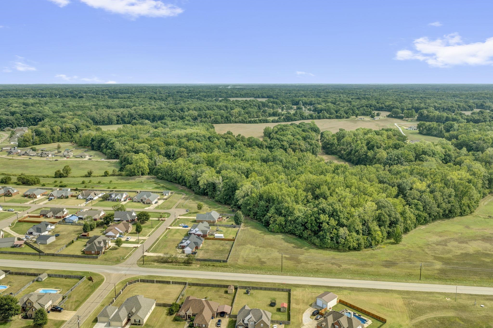 Aerial view of a wooded tract beside a residential subdivision and open fields.