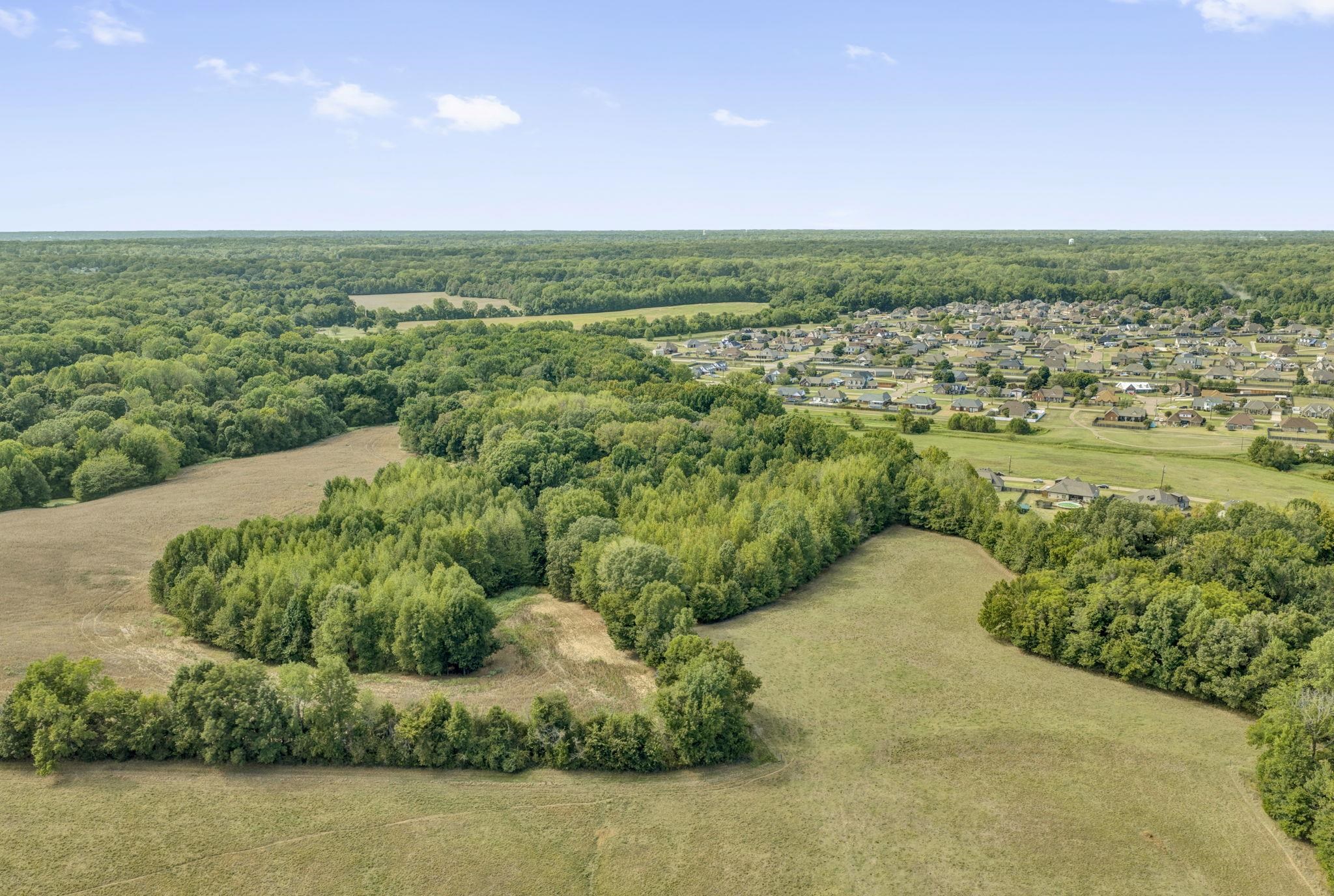 Aerial view of open fields and wooded land beside a residential neighborhood.