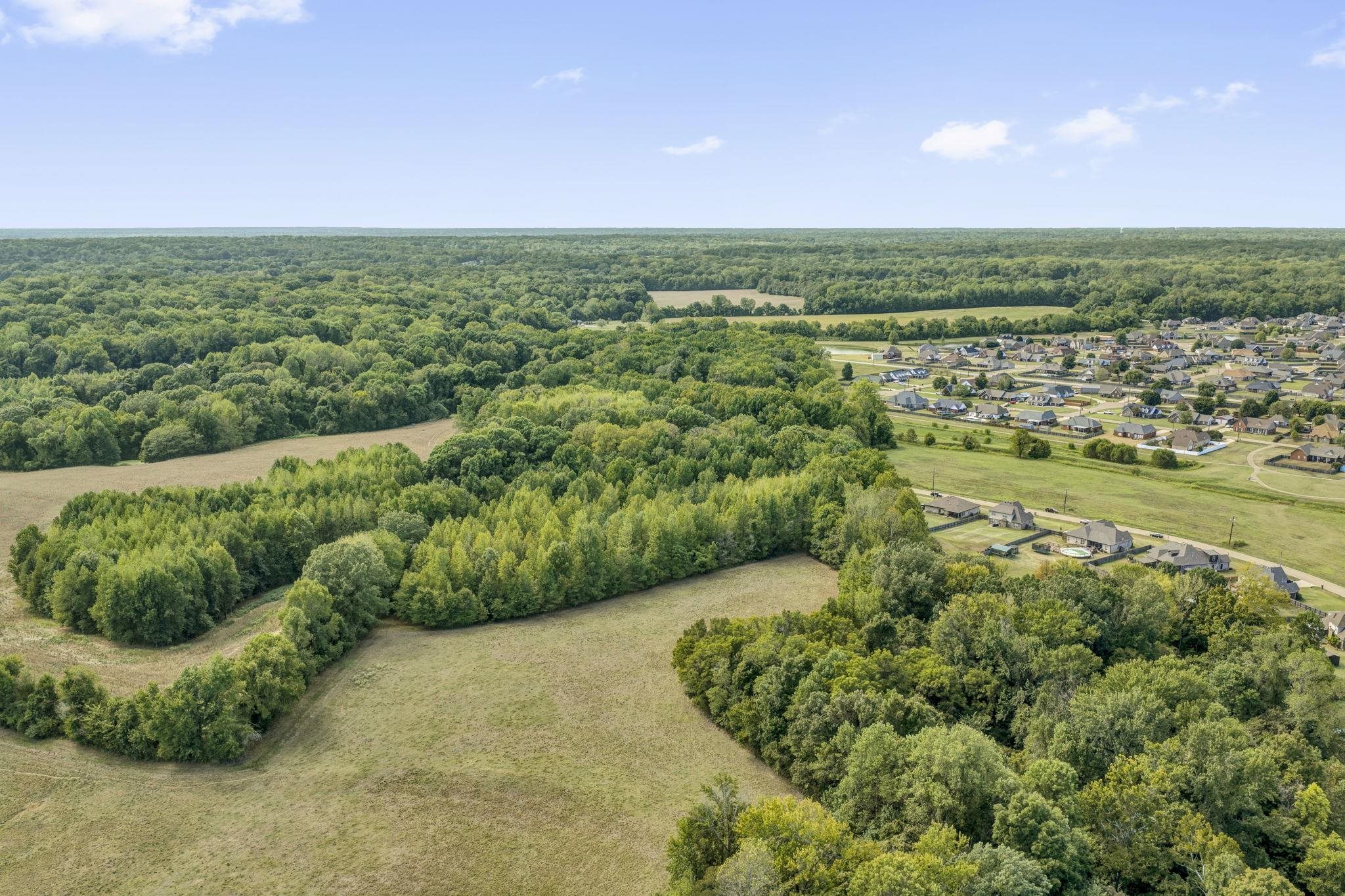 Aerial view of wooded land and open fields beside a residential neighborhood.