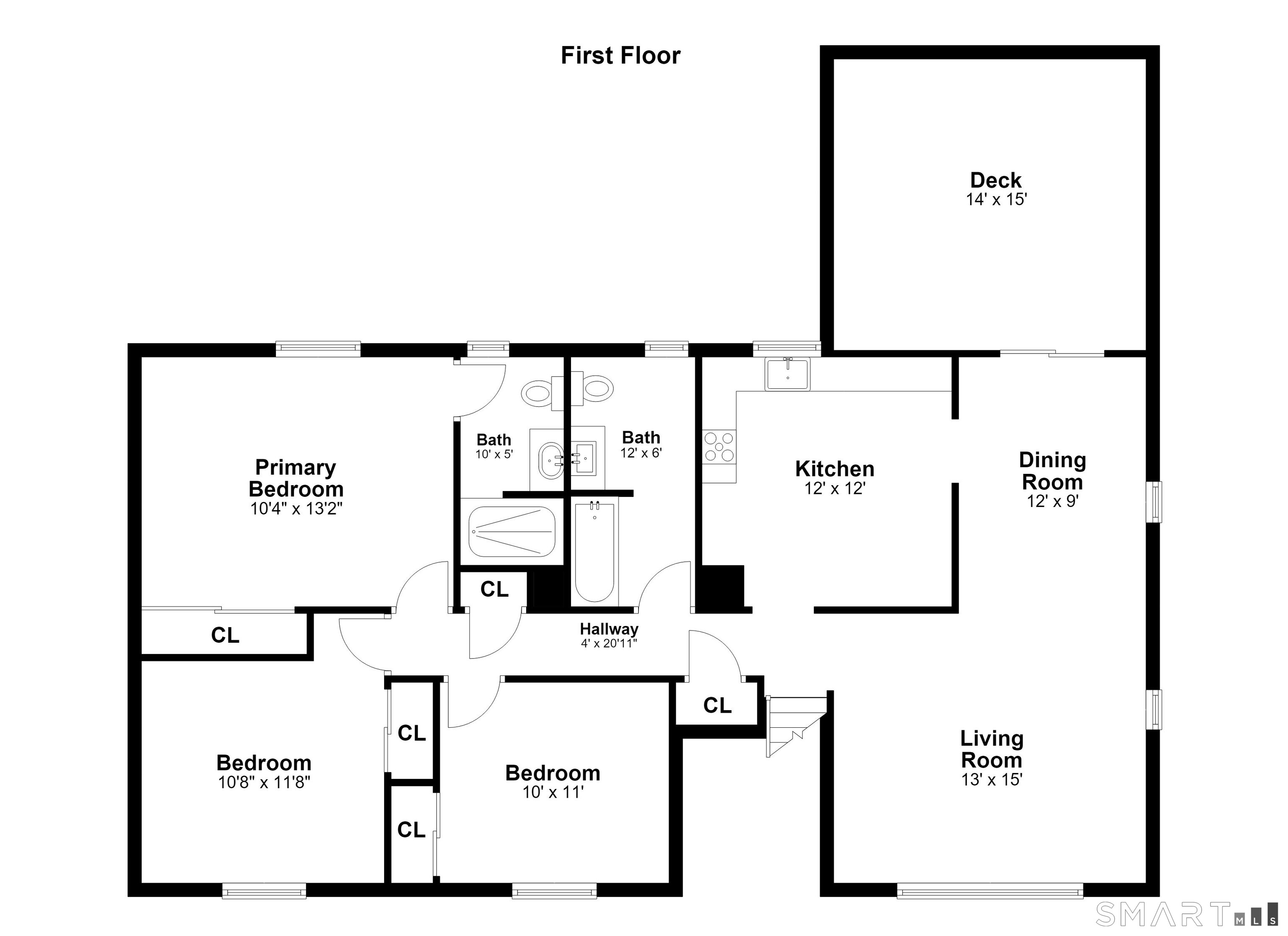 First-floor plan showing three bedrooms, two bathrooms, living and dining rooms, kitchen, and deck.