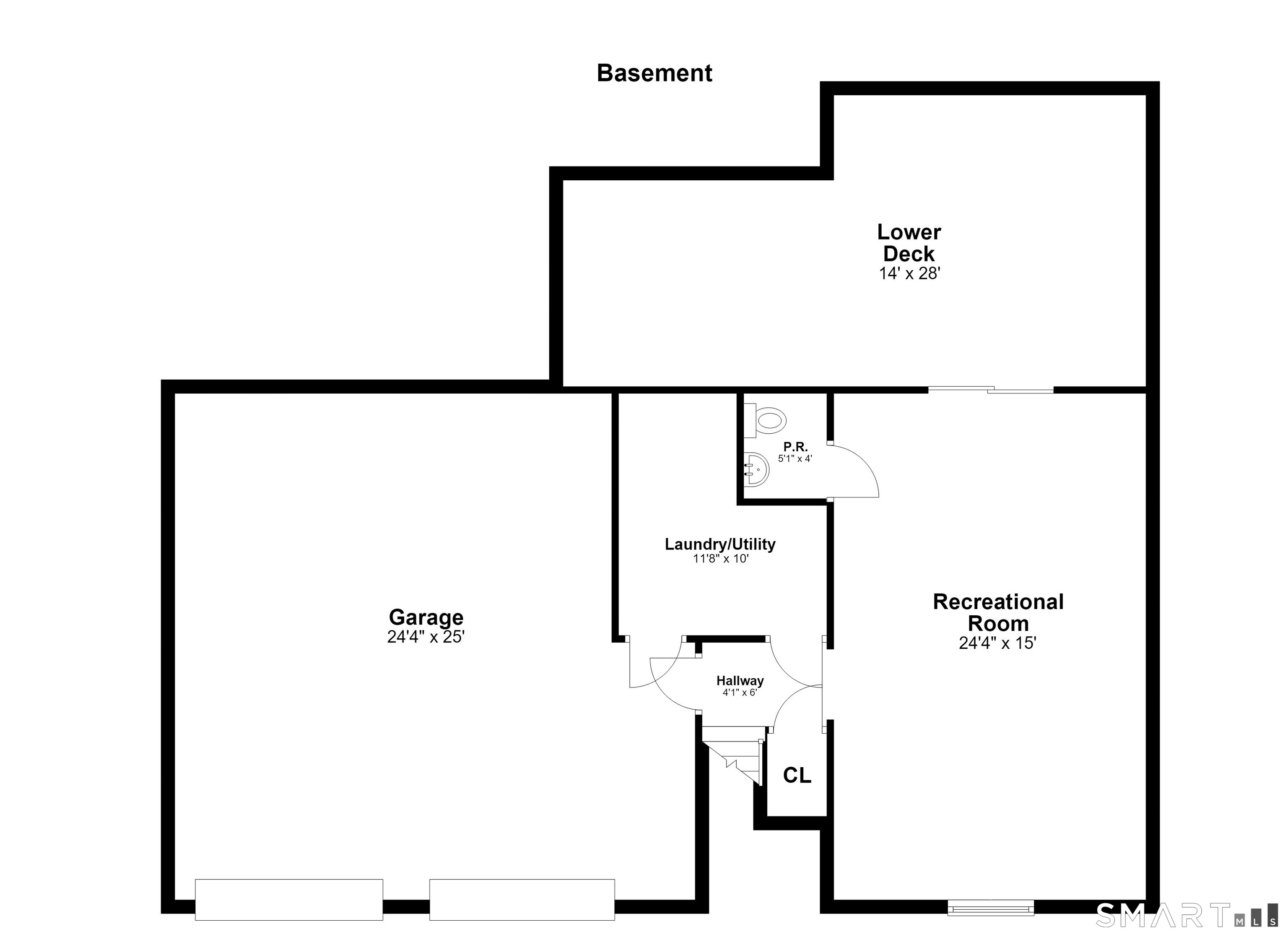 Basement floor plan with garage, recreational room, laundry area, powder room, and lower deck.