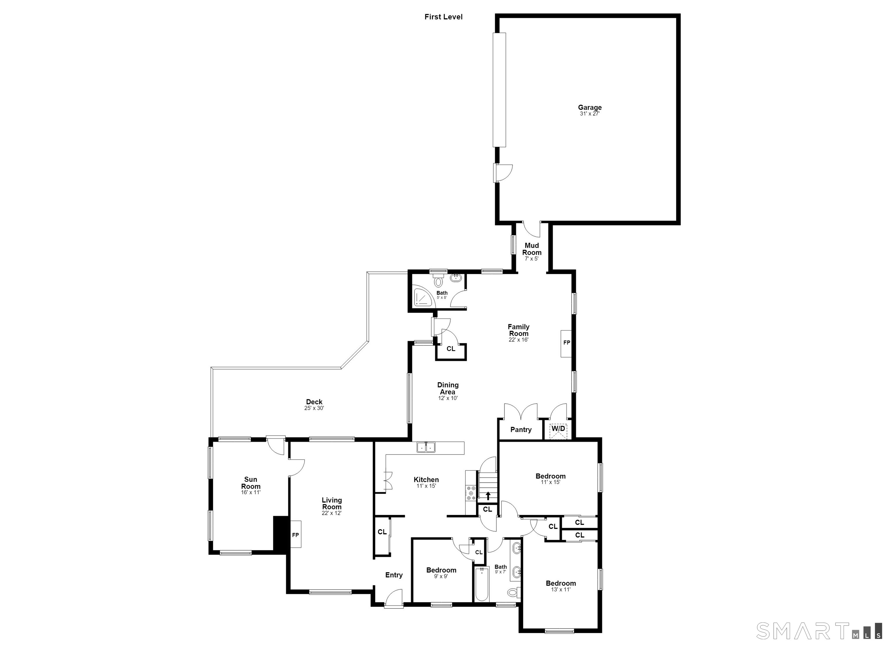 First-level floor plan showing the home’s rooms, garage, deck, and dimensions.