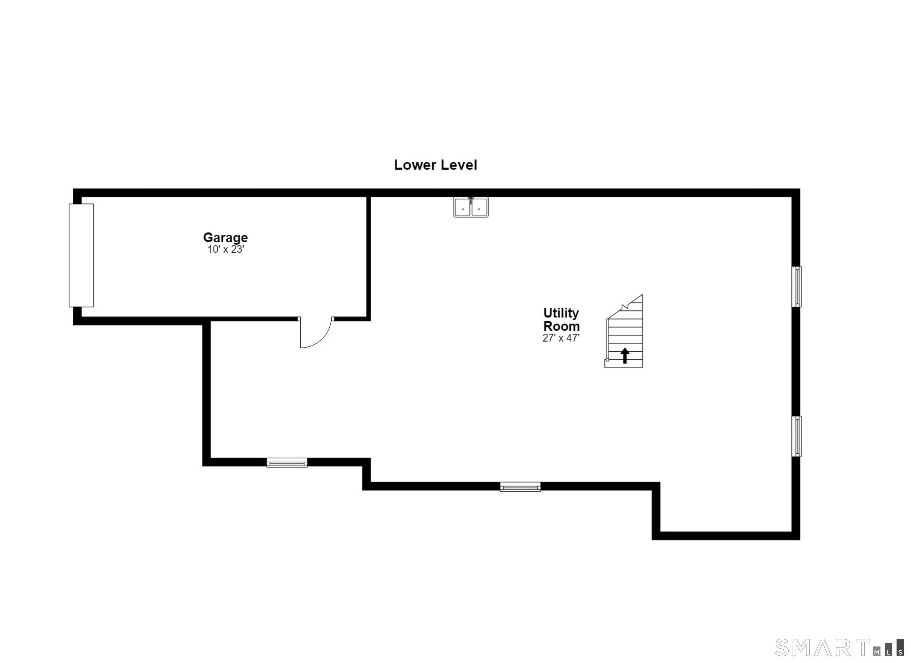 Lower-level floor plan with a garage, utility room, and stairs.
