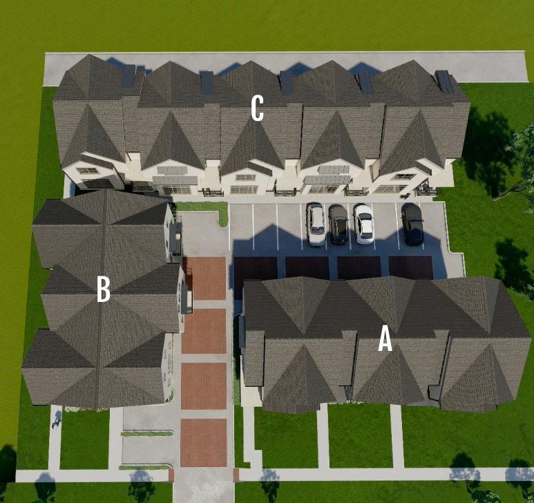 Aerial rendering of townhouse buildings labeled A, B, and C, with a central parking area.