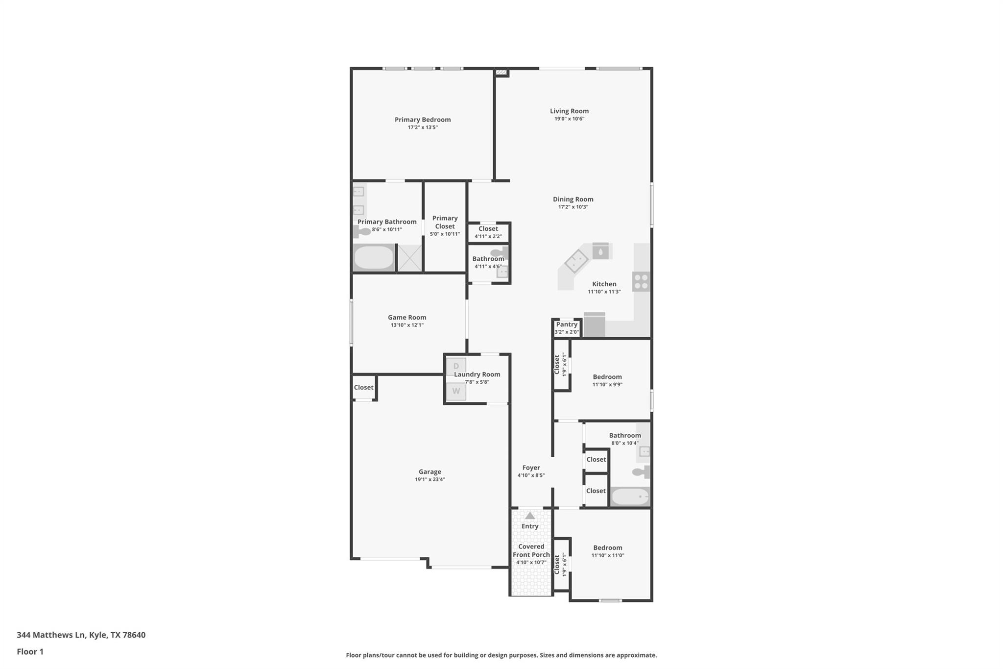 Single-story floor plan showing a two-car garage, covered front porch, open living and dining area, and three bedrooms.