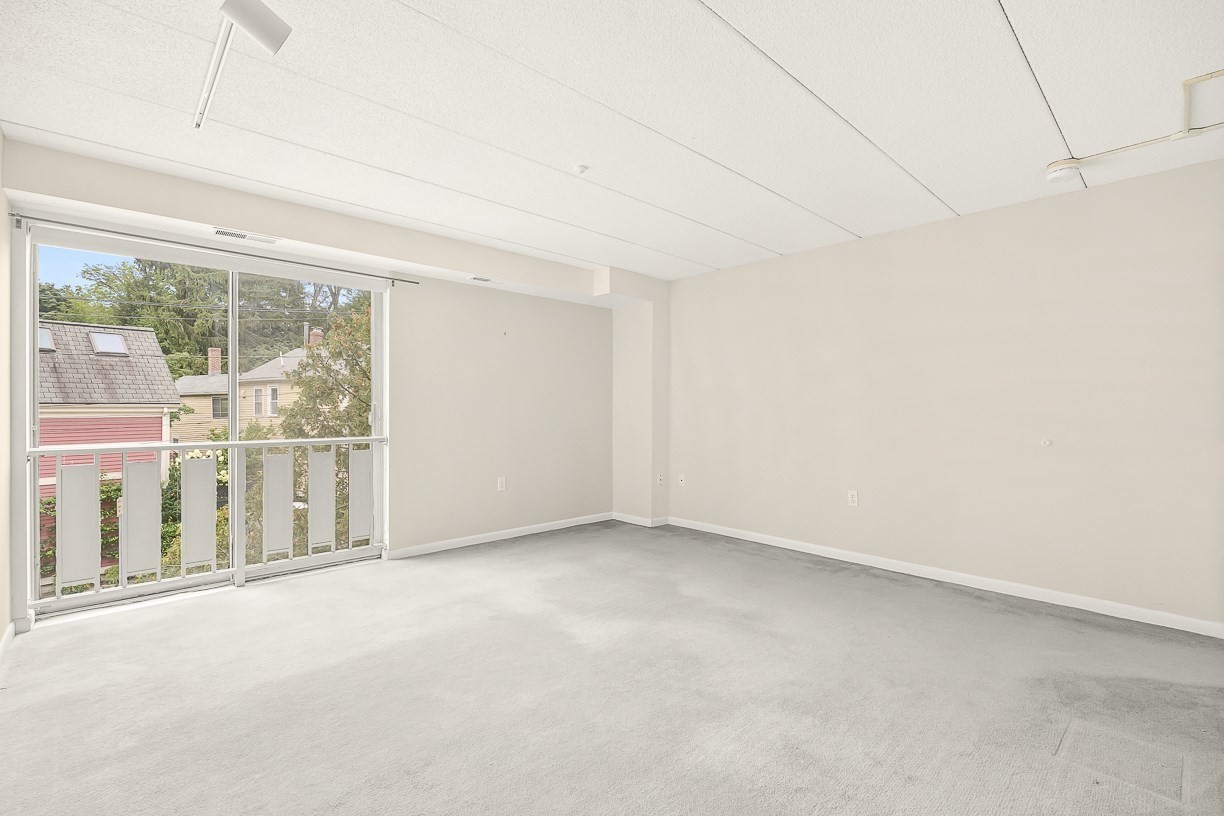 Vacant carpeted living room with a large sliding glass door and balcony view.