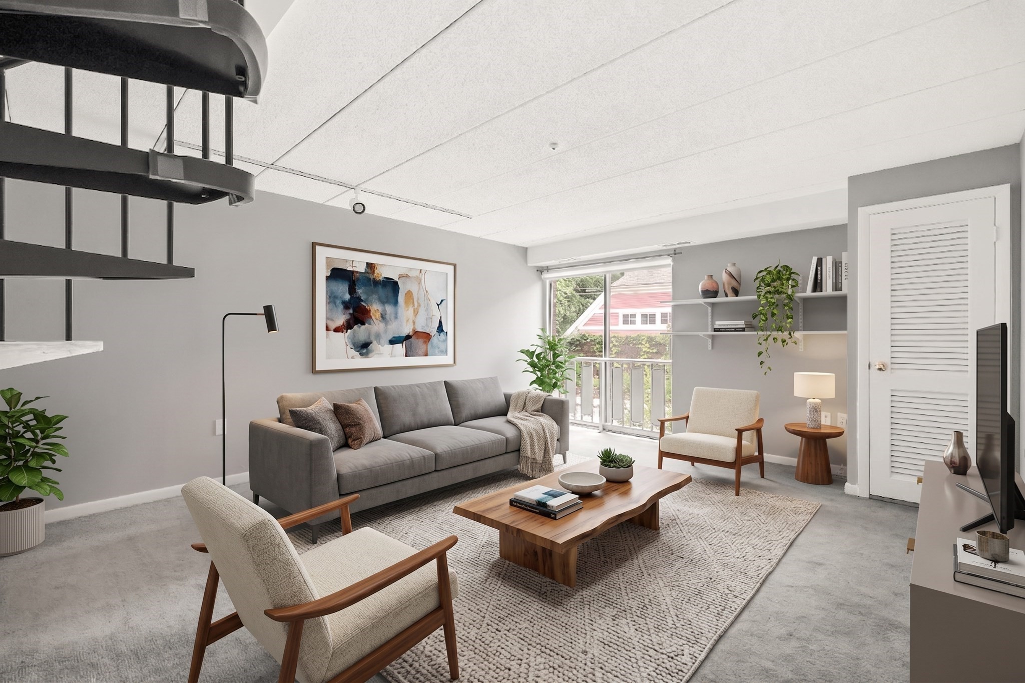 Furnished living room with a gray sofa, wood coffee table, and balcony window.
