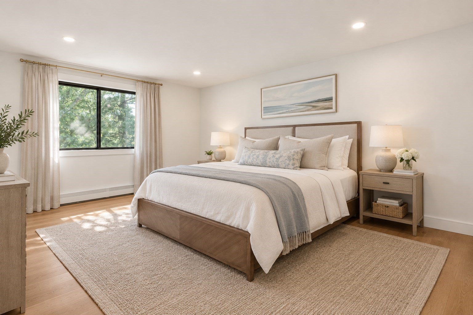 Staged bedroom with a wood-framed bed, pale linens, and a large window overlooking trees.