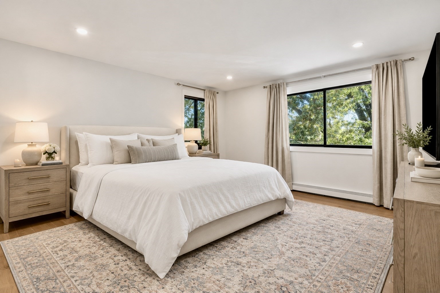 Bright bedroom with a white bed, patterned rug, and large windows overlooking trees.