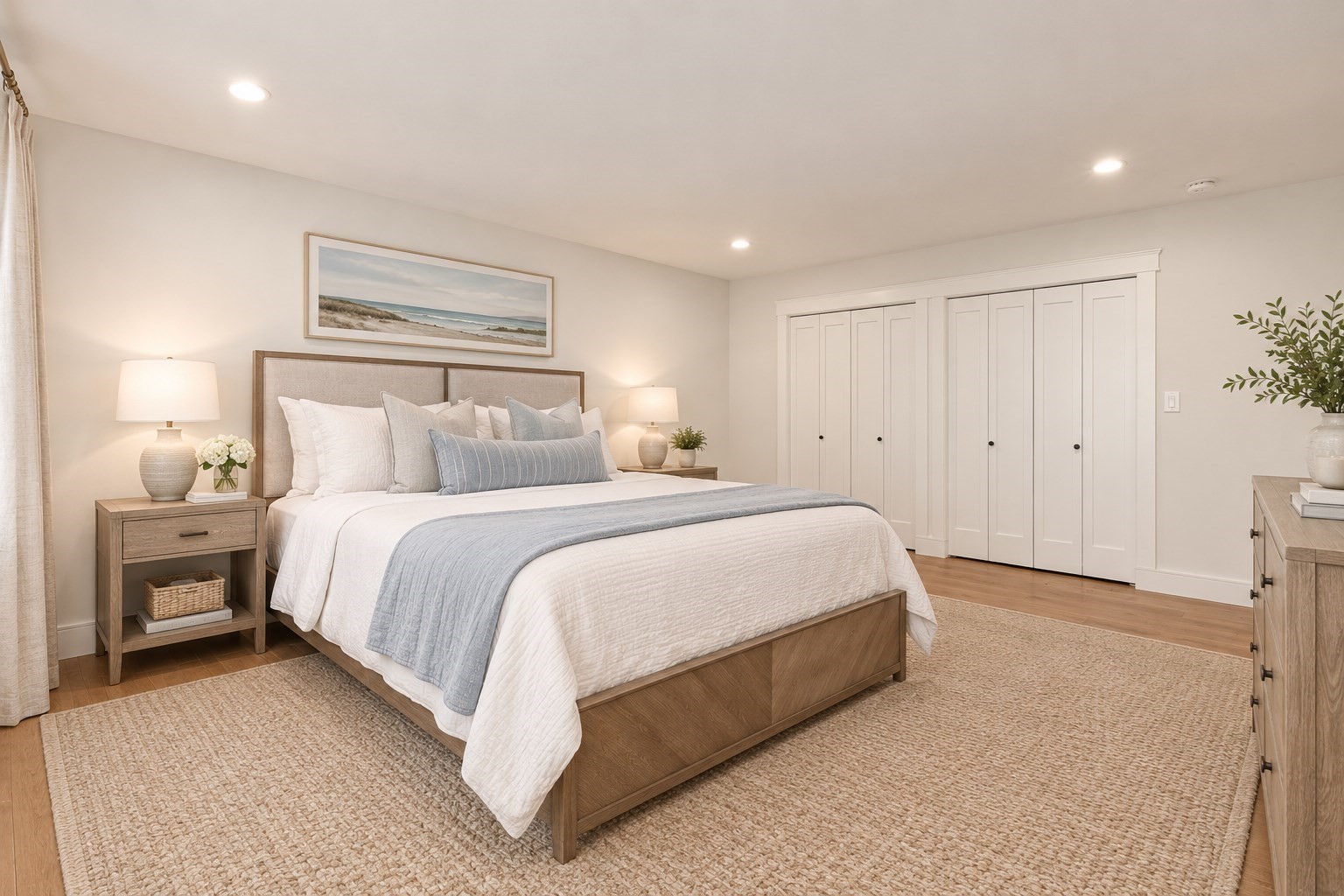 Staged bedroom with a large bed, pale blue bedding, white paneled closet doors, and a textured beige rug.