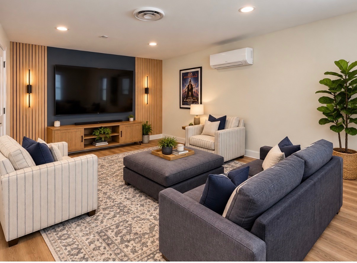 Staged living room with a large television, wood-slat feature wall, and seating around a central ottoman.