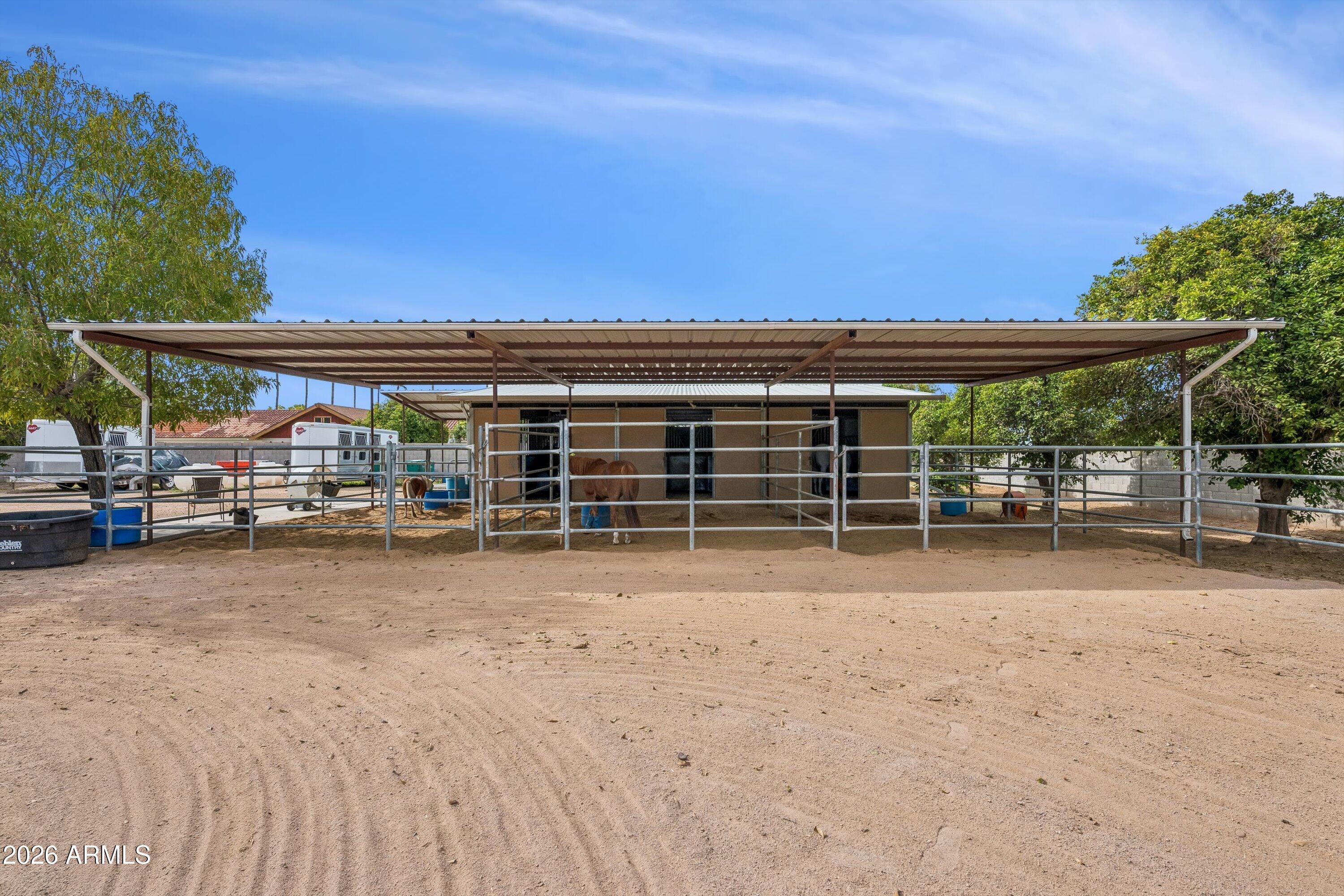 Covered horse paddock with metal rail fencing and horses on a sandy property.
