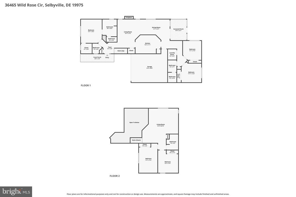 Two-story floor plan showing bedrooms, living areas, kitchen, screened porch, and garage.